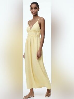 Zara Pastel Yellow Modal Blend Maxi Dress Open Tie Back Smocked Waist Medium